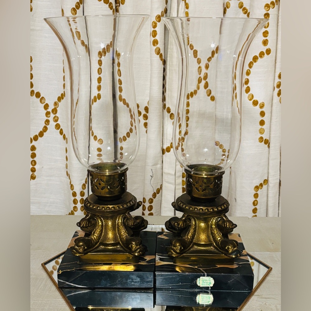 Vintage Candle Holders Brass & Marble Base Hurricane Glass Made In Italy